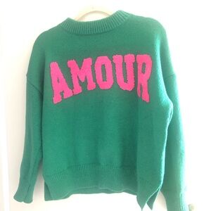 Adorable knit sweater AMOUR in front kelley green and pink